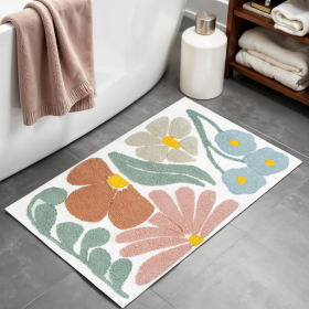 32" White Blue And Green Cotton Floral Bath Rug