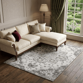 10' X 14' Light Gray Ivory And Gold Floral Medallion Distressed Washable Area Rug With UV Protection