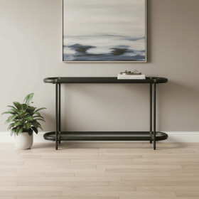 Glass Solid Wood and Steel Oval Console Table With Shelf
