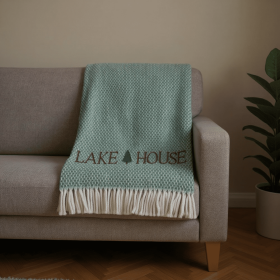 Sage Cotton Blend Lake House EmbroideThrow Blanket with Fringe