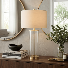 29" Gold Table Lamp With Drum Shade