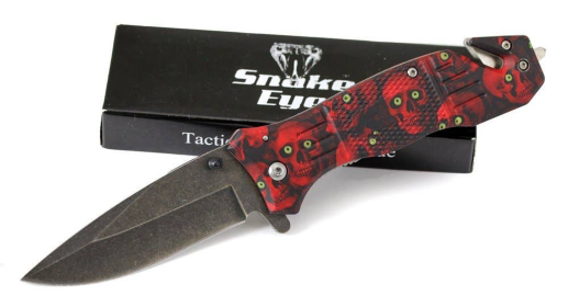 Snake Eye Rescue Style Spring Assist Knife Skulls Red