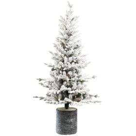 Artificial 6.5ft Decorated Flocking Basin Tree With 1386 PE PVC Mixed Branch Tips, Pine Cone X31, 350L Wram White Light, Holiday Decorating