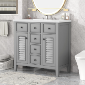 36 Bathroom Vanity With Ceramic Basin, Two Cabinets And Five Drawers, Solid Wood Frame, Grey
