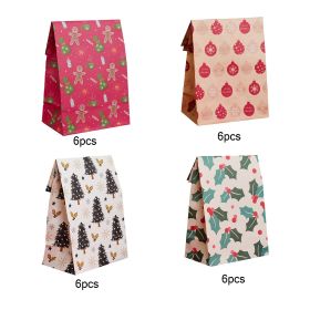 24Pcs Christmas Paper Gift Bags 9 Inch Vintage Christmas Party Treat Bag Xmas Tree Bell Gingerbread Pattern Goody Bags For New Year Birthday Party Hol