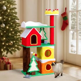 56in Christmas Themed Plush Cat Tree, Multi-level Cat Tower With Cat Condos, Top Crown Perch, Sisal Ramp Scratching Posts, Large Cat Pet Activity Cent