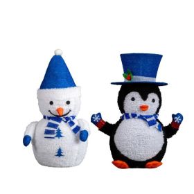 Set Of 2 Lighted Plush Penguin And Snowman Christmas Decorations, Pre-lit Pull Up Holiday Decor With 100 Warm White LED Lights For Xmas Outdoor Indoor