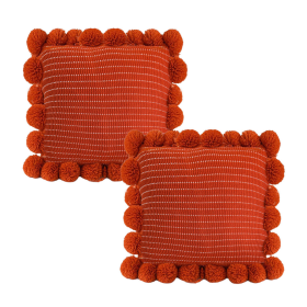 Rust Ribbed Pillow Covers with Pom Poms Soft Decorative Cushion Cases for Sofa, BedHome Dcor