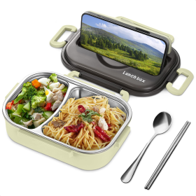 Stainless Steel Lunch Box for Hot Food 48.5 oz Stainless Steel Bento Box Adult with Phone Stand Spoon & Chopstickss 2 Compartment Hot Food Lunch Conta