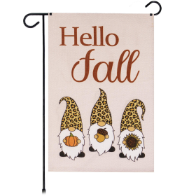Garden Flag Hello Fall Three Gnomes with Pumpkin Acorn Sunflower 12"x18" Burlap Fabric