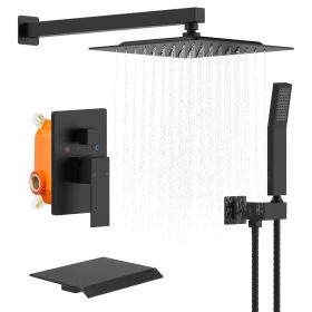 Rain Shower System Brushed Nickel Tub Shower Faucet Set 10 Inch Square Rainfall Shower Head With Handheld Sprayer And Waterfall Tub Spout Pressure Bal