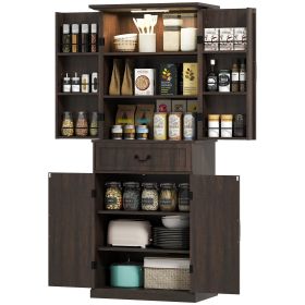 71" LED Kitchen Pantry Cabinet, Farmhouse Storage Cabinet with Door Shelves, Distressed Brown