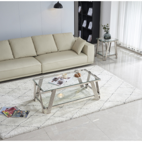 Modern Stainless Steel Coffee Table Set Set Of 2, Double-Layer Clear Tempered Glass Table Top, Coffee Table  End Side Table 2-Pieces Sets For Living R
