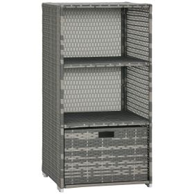 Valet Pool Towel Rack, Waterproof PE Plastic Rattan Wicker Storage Organizer, Indoor Outdoor Spa, and Hot Tub Accessory Storage, 2 Shelves, 1 Basket