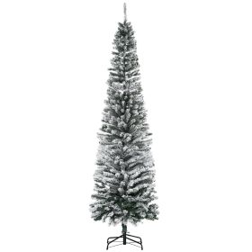 HOMOM 7.5ft Flocked Christmas Tree, Pencil Artificial Xmas Tree with Faux Snow, Dense Branches, Foldable Metal Base for Indoor Holiday Decor