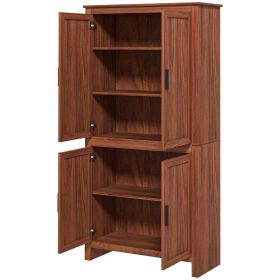 64" 4-Door Kitchen Pantry, Freestanding Storage Cabinet with 3 Adjustable Shelves for Kitchen, Brown