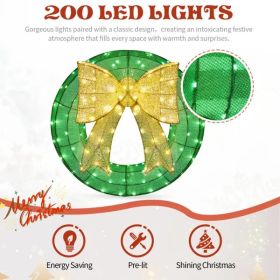 24in Pre-lit Outdoor Christmas Wreath Decoration, Lighted Metal Wreath With Golden Bow, Green And Warm White LED Lights, For Front Door Gate Wall Indo