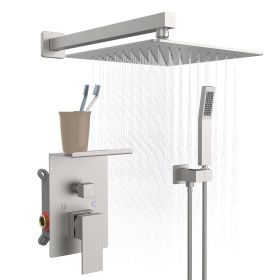 Rainfall Shower System With Storage Rack 10 Inch Shower Faucet Set Brushed Nickel With High Pressure With Square Shower Head Luxury Shower Set Wall Mo