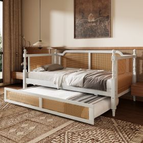 Traditional Style Rattan Twin Size Daybed With Twin Size Trundle For Limited Space, Guest Room, No Box Spring Needed,Antique White