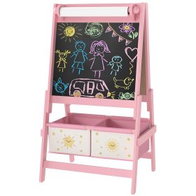 Art Easel , Double-Sided Whiteboard & Chalkboard With Paper Roll, Storage Baskets , Pink