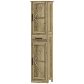 Farmhouse Linen Closet with Drawer, 67" Tall Bathroom Storage Cabinet with Barn Doors and Adjustable Shelves, Gray