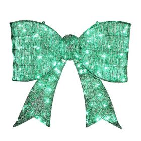 Pre-lit Outdoor Giant Bowknot Christmas Decoration, Lighted Metal Frame With 124 Green LED Lights, For Front Door Gate Wall Indoor Outdoor Holiday Par