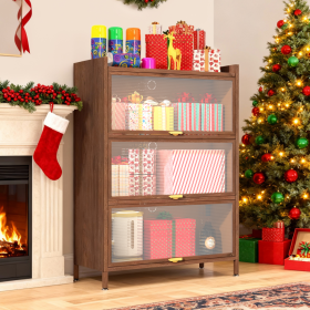 44'' Tall Metal 3 Flip Doors Cabinet, With Ample Storage Space For Bedroom, Office, Living Room, Hallway, Entryway Walnut