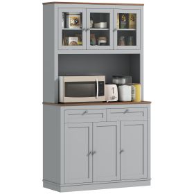 71" Kitchen Pantry Cabinet with Microwave Stand, Kitchen Hutch with 2 Drawers and Adjustable Shelves, Gray