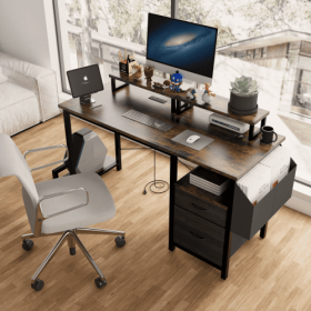 Computer Desk With Drawer And Power Outlets, 47 Office Desk With 2 Monitor Stands And Fabric File Cabinet, Writing Gaming Table With Shelves And Hooks