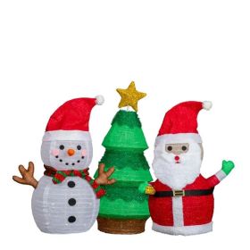Set Of 3 Lighted Santa And Snowman And Xmas Tree Christmas Decorations, Pre-lit Pull Up Holiday Decor With 150 Warm White LED Lights For Xmas Outdoor