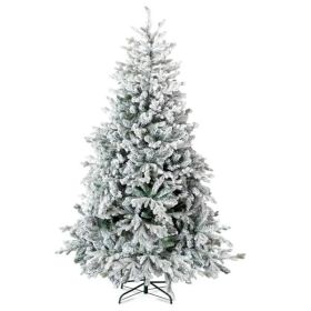 7 FT Pre-lit Snow Flocked Christmas Tree, Artificial Hinged Xmas Pine Tree With 1100 Branch Tips, 400 Lights For Holiday Party Office Home, Snowy Gree