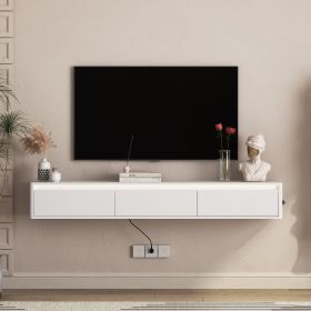 Floating TV Stand, Wall Mounted TV Shelf With Led Lights & Power Outlet,High Gloss TV Cabinet For White Tv Stands For Living Room