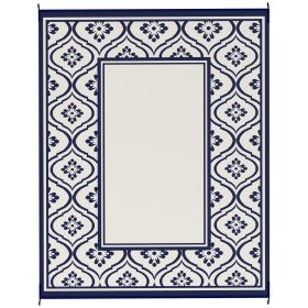 Reversible Outdoor Rug, Waterproof Plastic Straw With Carry Bag, 8 X 10, Blue & White Gourd Border