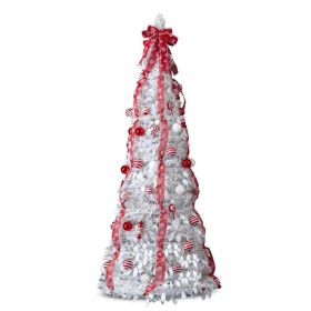 6 FT Fully Decorated Pre-lit Christmas Tree, Up Artificial Xmas Tree With 100 Warm Lights And Red Ornaments For Home Office Store Holiday Deco, White