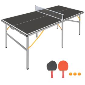 6ft Black Mid-Size Table Tennis Table Foldable & Portable Ping Pong Table Set For Indoor & Outdoor Games With Net, 2 Table Tennis Paddles And 3 Balls