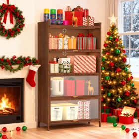 57'' Tall Metal 4 Flip Doors Cabinet, With Ample Storage Space For Bedroom, Office, Living Room, Hallway, Entryway Walnut