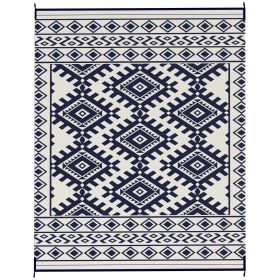 Reversible Outdoor Rug, Waterproof Plastic Straw with Carry Bag, 8' x 10', Blue & White Rhombus Border