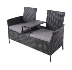 Outdoor Loveseat, 2 Seat Loveseat With Cushions And Built-in Coffee Table, Bench For Balcony Furniture Sets Non-removable Back Without Glass