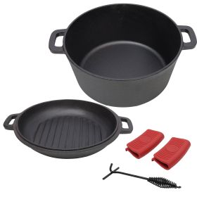 3 In 1 Pre-Seasoned Cast Iron Dutch Oven, Outdoor Camping Deep Pot, 5 Quart. Cover As A Skillet With Ribbed Bottom Design. With 2pcs Silicone Handel C