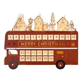 Christmas Advent Calendar, Light Up Table Xmas Wooden Bus Holiday Decoration with Countdown Drawer, Santa Claus Street House, for Kids and Adults