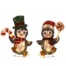 Set Of 2 Lighted Penguin And Candy Cane Christmas Decorations, Pre-lit 2D Holiday Decor With 80 Warm White LED Lights For Xmas Outdoor Indoor Decor Li