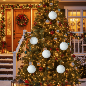 6PCS Set 4in Christmas Ball Ornaments Cream Ruffle Tree Hanging Decorations For Holiday Home Party Wedding Indoor Outdoor Decor