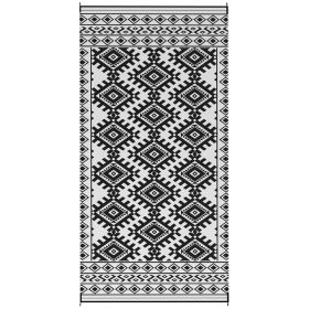 Reversible Outdoor Rug, Waterproof Plastic Straw with Carry Bag, 9' x 18', Black & White Rhombus Border