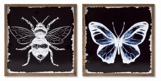 Framed Bee/Butterfly Print (Set of 2) 12" x 12"H Wood/Metal