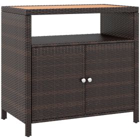 Outdoor Storage Cabinet with Acacia Wood Top, Two Doors, Shelf, Wicker Bar Table for Pool Towel Storage, Brown