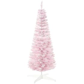 HOMCOM 5' Snow Flocked Artificial Pencil Christmas Tree, Slim Xmas Tree With Realistic Branches And Plastic Base Stand For Indoor Decoration, Pink