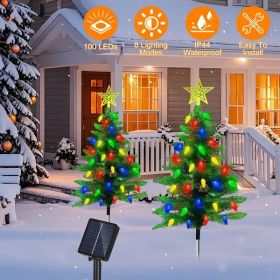 2Pack 37.4in Height Solar Christmas Tree With Colorful LED Beads 8 Lighting Modes For Xmas Decoration IP44 Waterproof Outdoor Pathway Stake Light For
