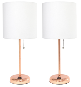 LimeLights Rose Gold Stick Lamp with Charging Outlet and Fabric Shade (Set of 2)