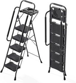 63-inch Plastic Steps, 5-fold Steps, Anti-slip Treads And Comfortable Handrails, Sturdy Steel Frame Portable Steps