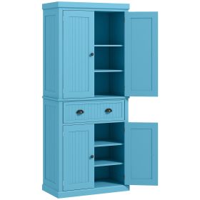72" Kitchen Pantry Storage Cabinet, Cupboard w/ 4 Doors and 3 Adjustable Shelves, Large Central Drawer, Dark Blue